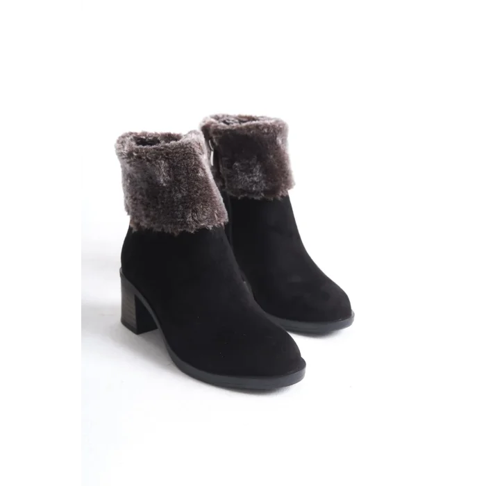 KATYA Fermuarlı Ortopedik Taban Topuklu Kürk Detaylı Süet Kadın Bot  ST - Siyah