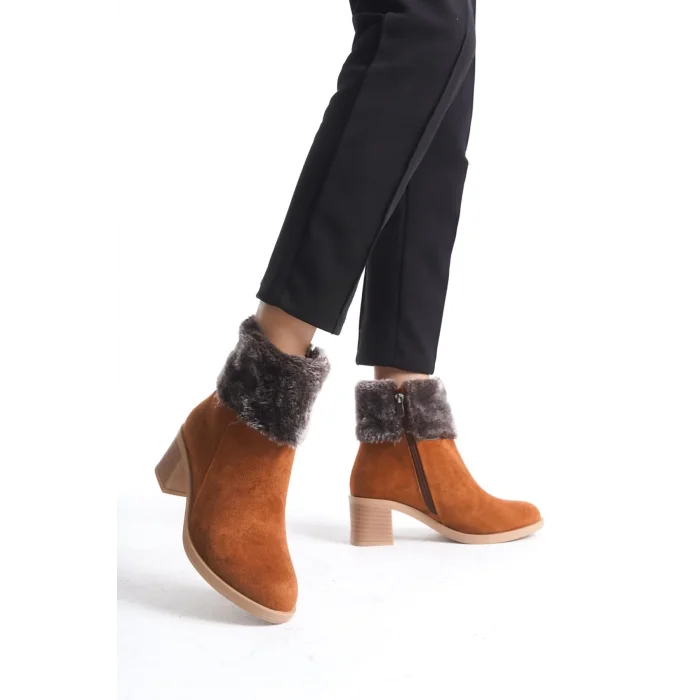 KATYA Fermuarlı Ortopedik Taban Topuklu Kürk Detaylı Süet Kadın Bot  TT - Taba