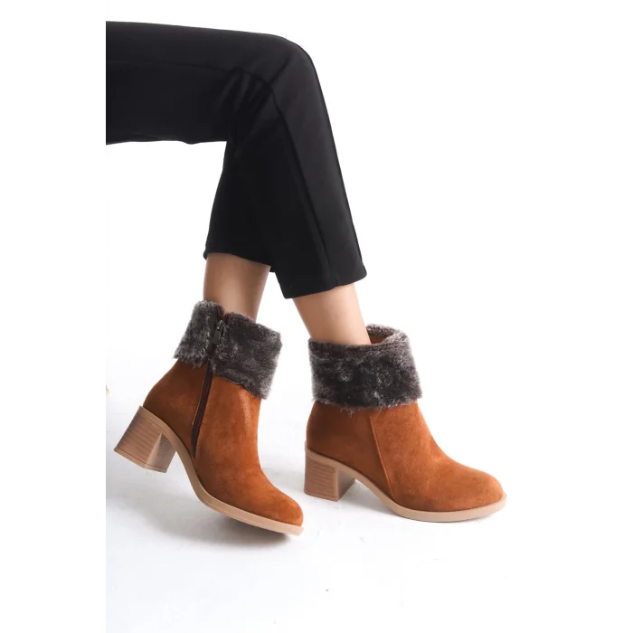 KATYA Fermuarlı Ortopedik Taban Topuklu Kürk Detaylı Süet Kadın Bot  TT - Taba