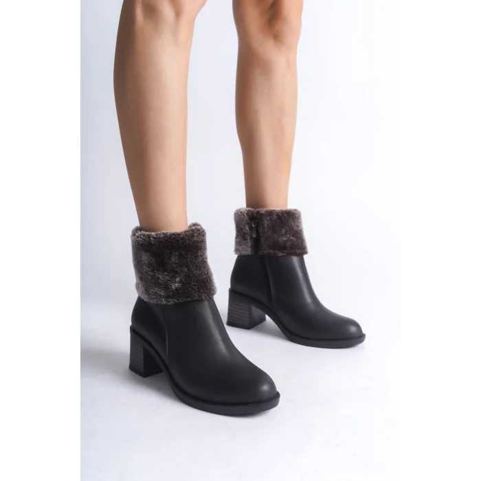 KATYA Fermuarlı Ortopedik Taban Topuklu Kürk DetaylıKadın Bot  ST - Siyah