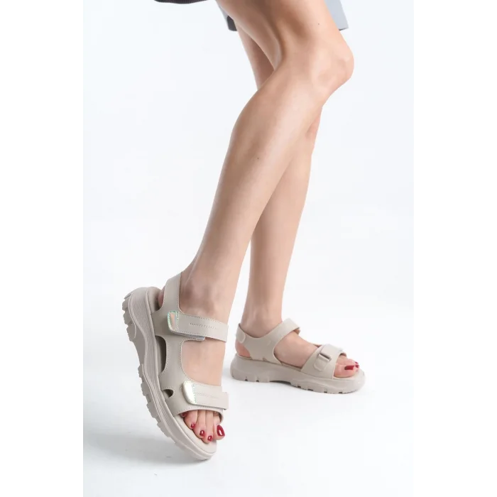 LAMIA Cırt Cırtlı Ortopedik Taban Kadın Sandalet CKT - Krem
