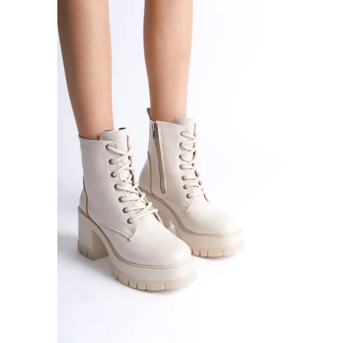 LAUREN Bağcıklı Fermuarlı Ortopedik Taban TopukluKadın Bot  KT - Krem