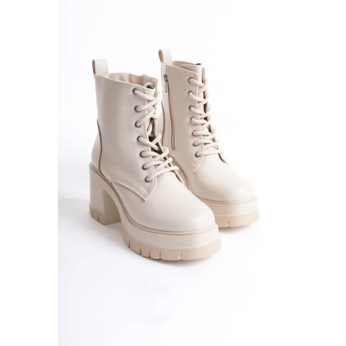 LAUREN Bağcıklı Fermuarlı Ortopedik Taban TopukluKadın Bot  KT - Krem