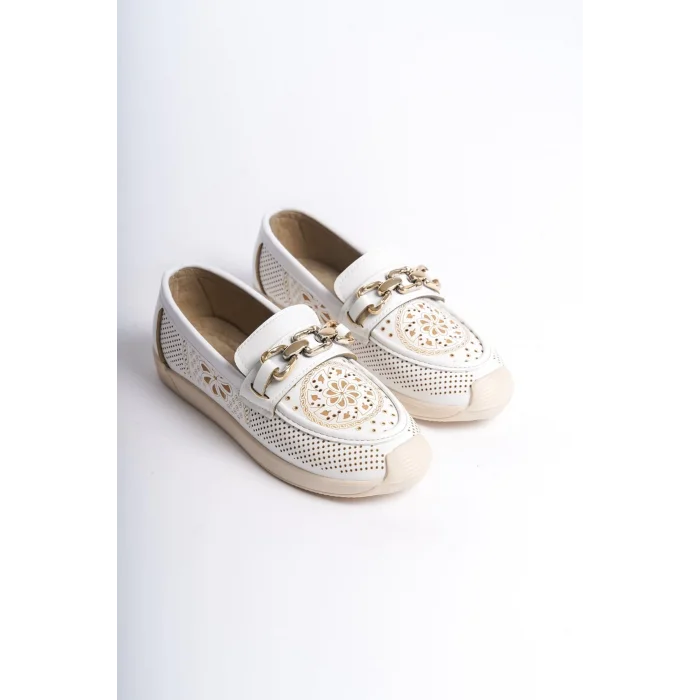 LAYLA Bağcıksız Ortopedik Rahat Taban Çiçek Desenli Kadın Babet Ayakkabı  KT - Beyaz