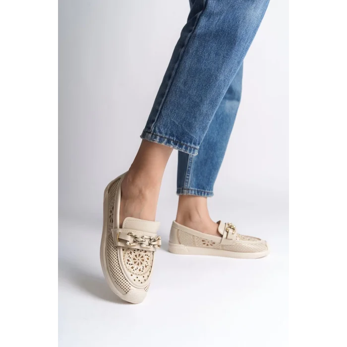 LAYLA Bağcıksız Ortopedik Rahat Taban Çiçek Desenli Kadın Babet Ayakkabı KT - Krem