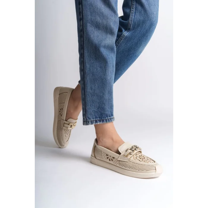 LAYLA Bağcıksız Ortopedik Rahat Taban Çiçek Desenli Kadın Babet Ayakkabı KT - Krem