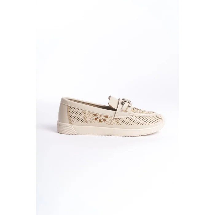 LAYLA Bağcıksız Ortopedik Rahat Taban Çiçek Desenli Kadın Babet Ayakkabı KT - Krem