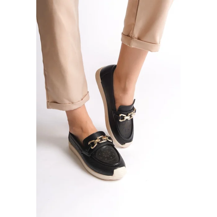 LAYLA Bağcıksız Ortopedik Rahat Taban Çiçek Desenli Kadın Babet Ayakkabı  KT - Siyah