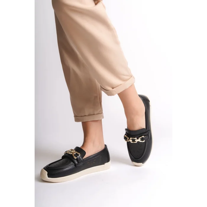 LAYLA Bağcıksız Ortopedik Rahat Taban Çiçek Desenli Kadın Babet Ayakkabı  KT - Siyah