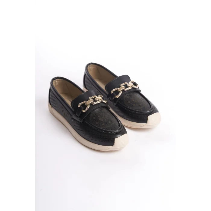 LAYLA Bağcıksız Ortopedik Rahat Taban Çiçek Desenli Kadın Babet Ayakkabı  KT - Siyah