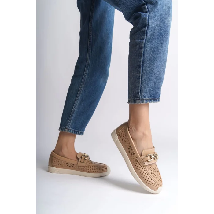 LAYLA Bağcıksız Ortopedik Rahat Taban Çiçek Desenli Kadın Babet Ayakkabı  KT - Ten