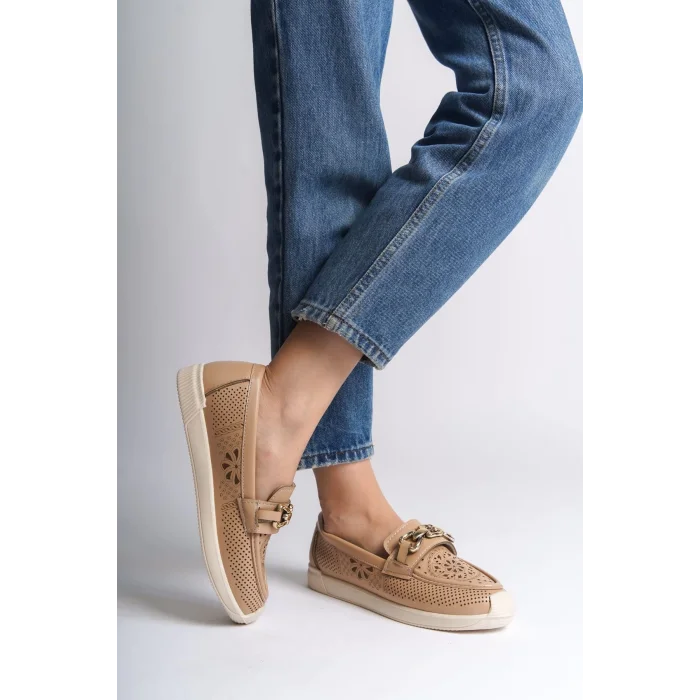 LAYLA Bağcıksız Ortopedik Rahat Taban Çiçek Desenli Kadın Babet Ayakkabı  KT - Ten