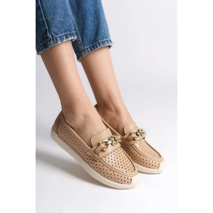 LAYLA Bağcıksız Ortopedik Rahat Taban Kalp Desenli Kadın Babet Ayakkabı CKT - Ten