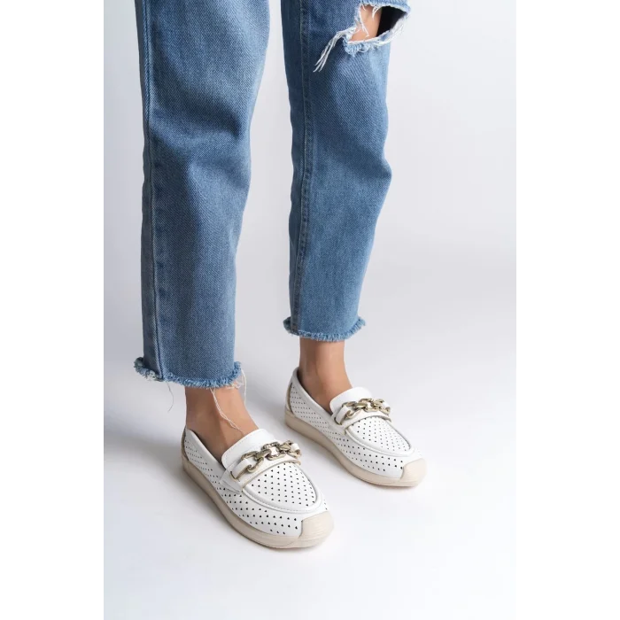 LAYLA Bağcıksız Ortopedik Rahat Taban Kalp Desenli Kadın Babet Ayakkabı  KT - Beyaz