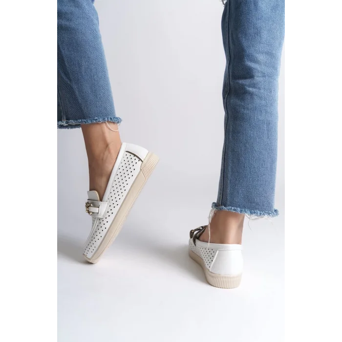 LAYLA Bağcıksız Ortopedik Rahat Taban Kalp Desenli Kadın Babet Ayakkabı  KT - Beyaz