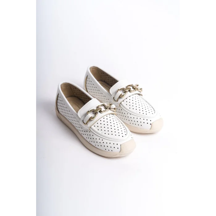 LAYLA Bağcıksız Ortopedik Rahat Taban Kalp Desenli Kadın Babet Ayakkabı  KT - Beyaz