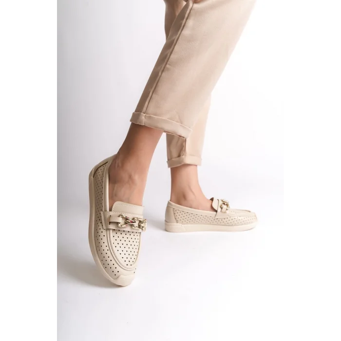 LAYLA Bağcıksız Ortopedik Rahat Taban Kalp Desenli Kadın Babet Ayakkabı KT - Krem