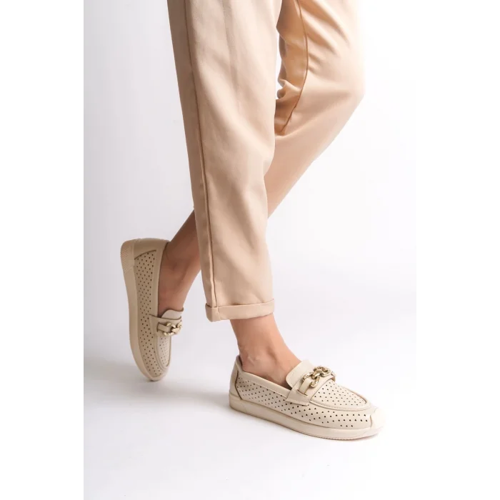 LAYLA Bağcıksız Ortopedik Rahat Taban Kalp Desenli Kadın Babet Ayakkabı KT - Krem