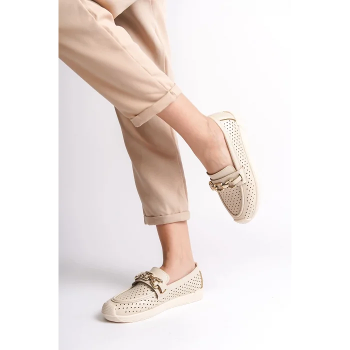 LAYLA Bağcıksız Ortopedik Rahat Taban Kalp Desenli Kadın Babet Ayakkabı KT - Krem