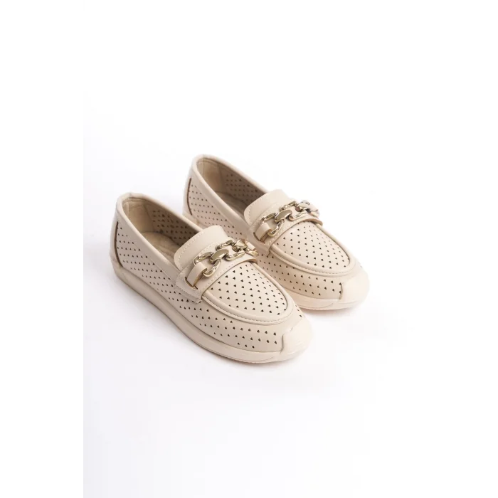 LAYLA Bağcıksız Ortopedik Rahat Taban Kalp Desenli Kadın Babet Ayakkabı KT - Krem