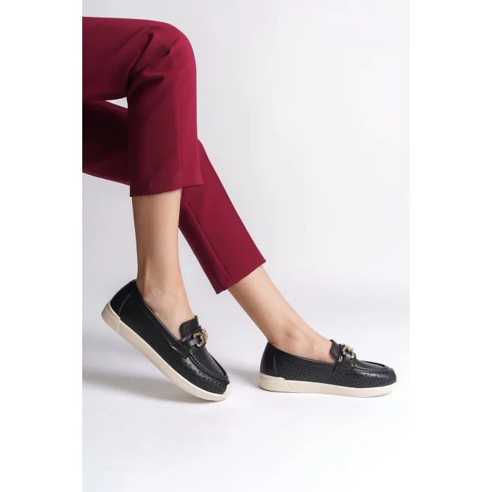 LAYLA Bağcıksız Ortopedik Rahat Taban Kalp Desenli Kadın Babet Ayakkabı KT - Siyah