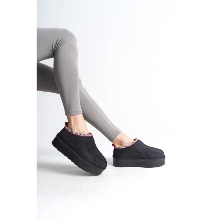 LEILA Bağcıksız Düz ve Kalın Taban İçi Kürklü Kısa Süet Kadın Bot  ST - Siyah