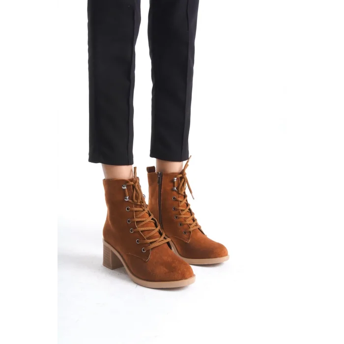 LENA Bağcıklı Fermuarlı Ortopedik Taban Topuklu Süet Kadın Bot TT - Taba