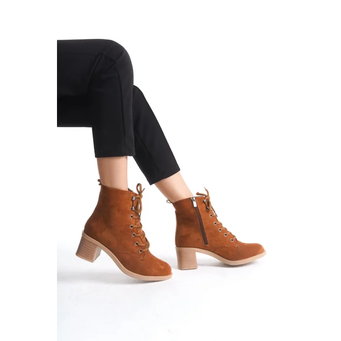 LENA Bağcıklı Fermuarlı Ortopedik Taban Topuklu Süet Kadın Bot TT - Taba