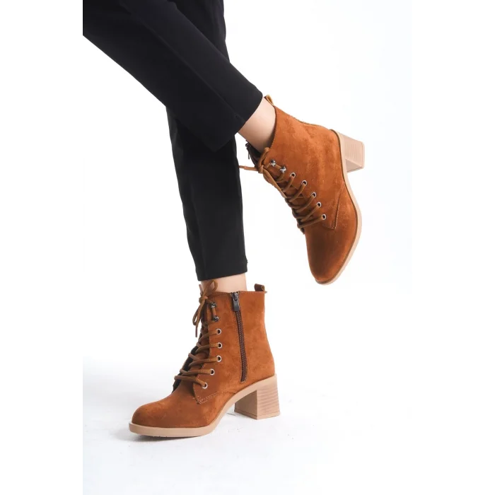 LENA Bağcıklı Fermuarlı Ortopedik Taban Topuklu Süet Kadın Bot TT - Taba