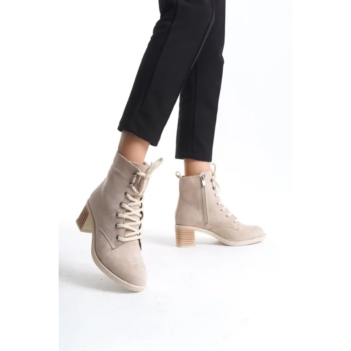 LENA Bağcıklı Fermuarlı Ortopedik Taban Topuklu Süet Kadın Bot  TT - Ten