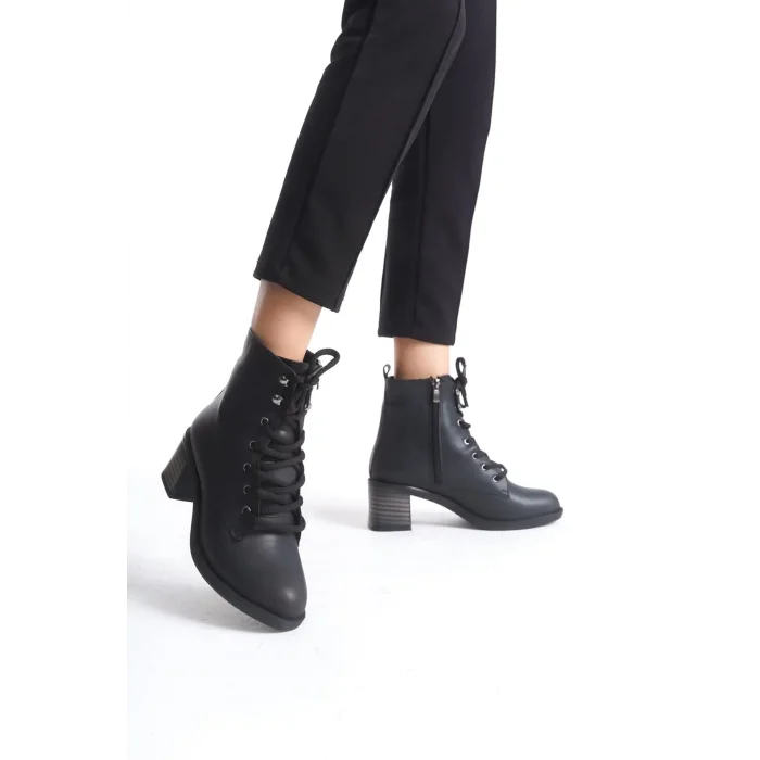 LENA Bağcıklı Fermuarlı Ortopedik Taban TopukluKadın Bot  ST - Siyah