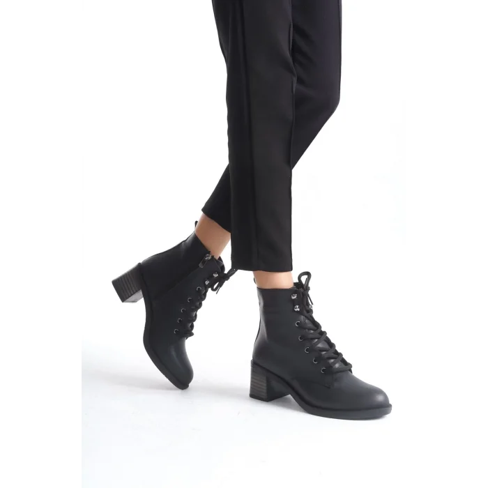 LENA Bağcıklı Fermuarlı Ortopedik Taban TopukluKadın Bot  ST - Siyah