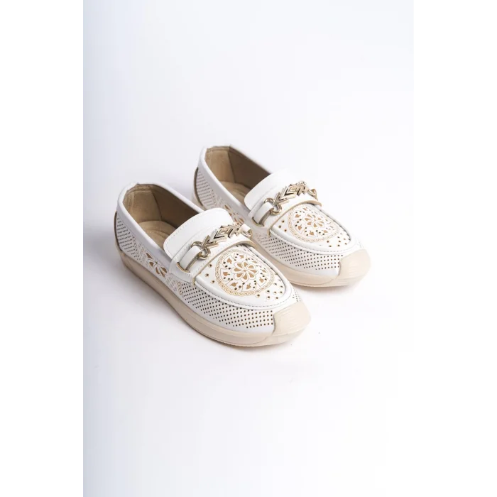 LILY Bağcıksız Ortopedik Rahat Taban Çiçek Desenli Kadın Babet Ayakkabı  KT - Beyaz