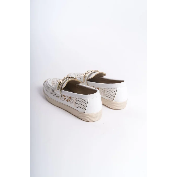 LILY Bağcıksız Ortopedik Rahat Taban Çiçek Desenli Kadın Babet Ayakkabı  KT - Beyaz