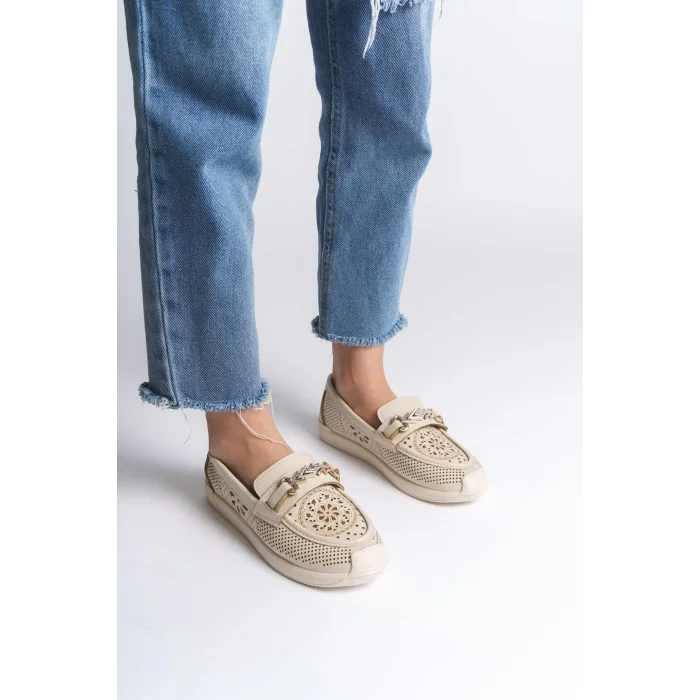 LILY Bağcıksız Ortopedik Rahat Taban Çiçek Desenli Kadın Babet Ayakkabı KT - Krem