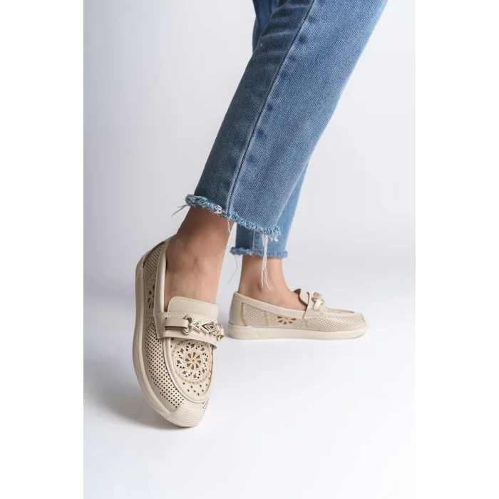 LILY Bağcıksız Ortopedik Rahat Taban Çiçek Desenli Kadın Babet Ayakkabı KT - Krem