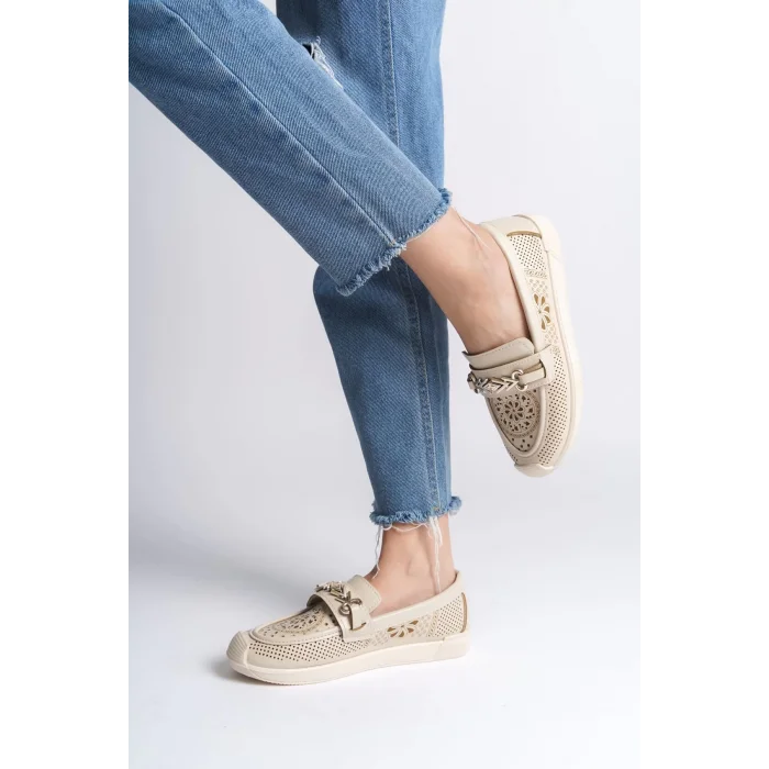 LILY Bağcıksız Ortopedik Rahat Taban Çiçek Desenli Kadın Babet Ayakkabı KT - Krem