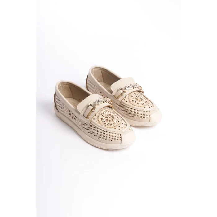 LILY Bağcıksız Ortopedik Rahat Taban Çiçek Desenli Kadın Babet Ayakkabı KT - Krem