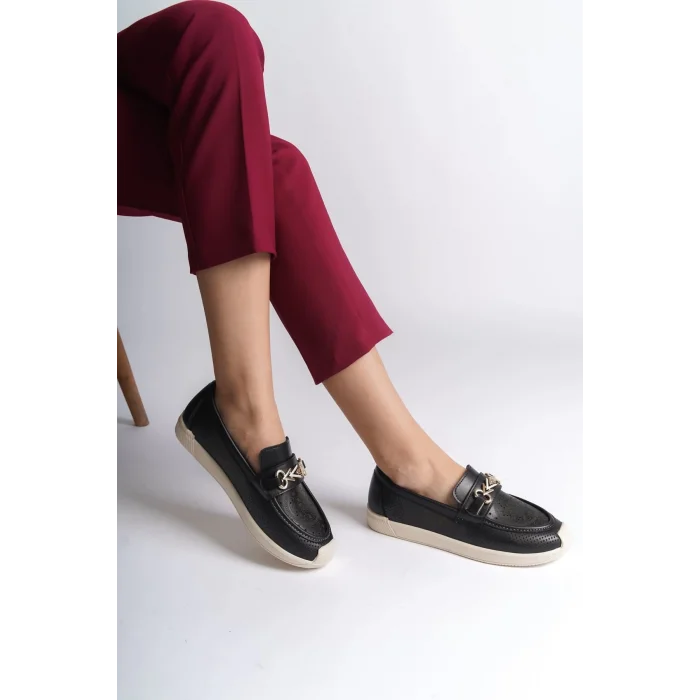 LILY Bağcıksız Ortopedik Rahat Taban Çiçek Desenli Kadın Babet Ayakkabı  KT - Siyah