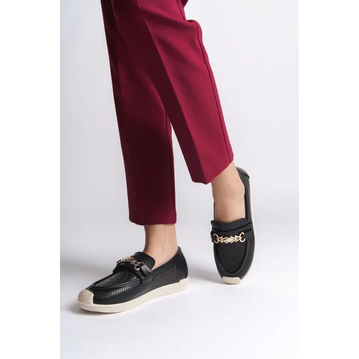 LILY Bağcıksız Ortopedik Rahat Taban Çiçek Desenli Kadın Babet Ayakkabı  KT - Siyah