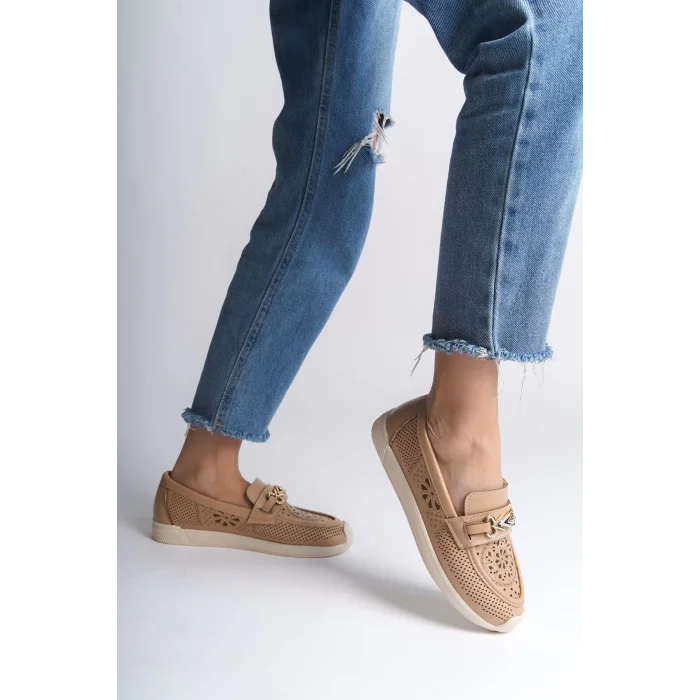 LILY Bağcıksız Ortopedik Rahat Taban Çiçek Desenli Kadın Babet Ayakkabı  KT - Ten