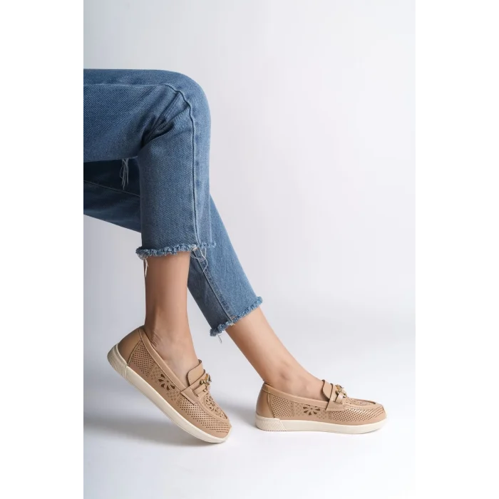 LILY Bağcıksız Ortopedik Rahat Taban Çiçek Desenli Kadın Babet Ayakkabı  KT - Ten