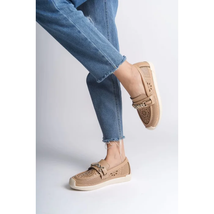 LILY Bağcıksız Ortopedik Rahat Taban Çiçek Desenli Kadın Babet Ayakkabı  KT - Ten