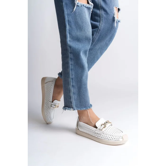 LILY Bağcıksız Ortopedik Rahat Taban Kalp Desenli Kadın Babet Ayakkabı  KT - Beyaz