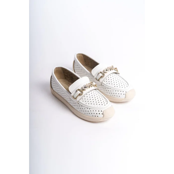 LILY Bağcıksız Ortopedik Rahat Taban Kalp Desenli Kadın Babet Ayakkabı  KT - Beyaz