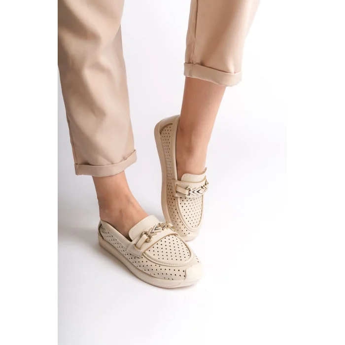 LILY Bağcıksız Ortopedik Rahat Taban Kalp Desenli Kadın Babet Ayakkabı  KT - Krem