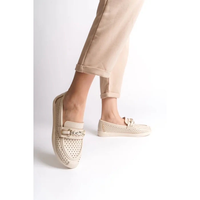 LILY Bağcıksız Ortopedik Rahat Taban Kalp Desenli Kadın Babet Ayakkabı  KT - Krem