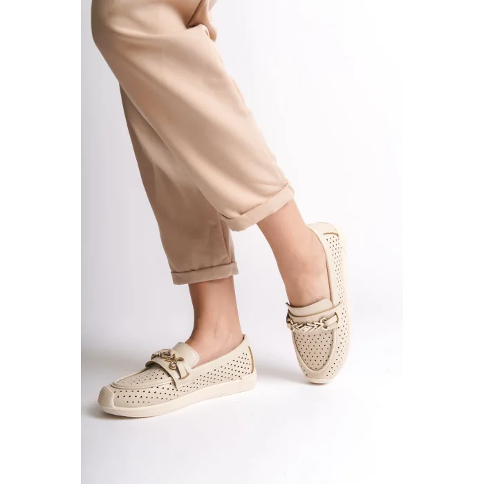 LILY Bağcıksız Ortopedik Rahat Taban Kalp Desenli Kadın Babet Ayakkabı  KT - Krem