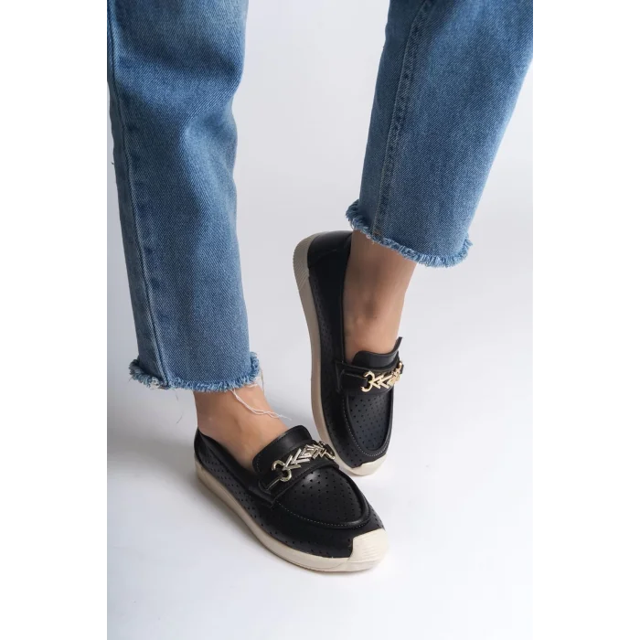 LILY Bağcıksız Ortopedik Rahat Taban Kalp Desenli Kadın Babet Ayakkabı  KT - Siyah