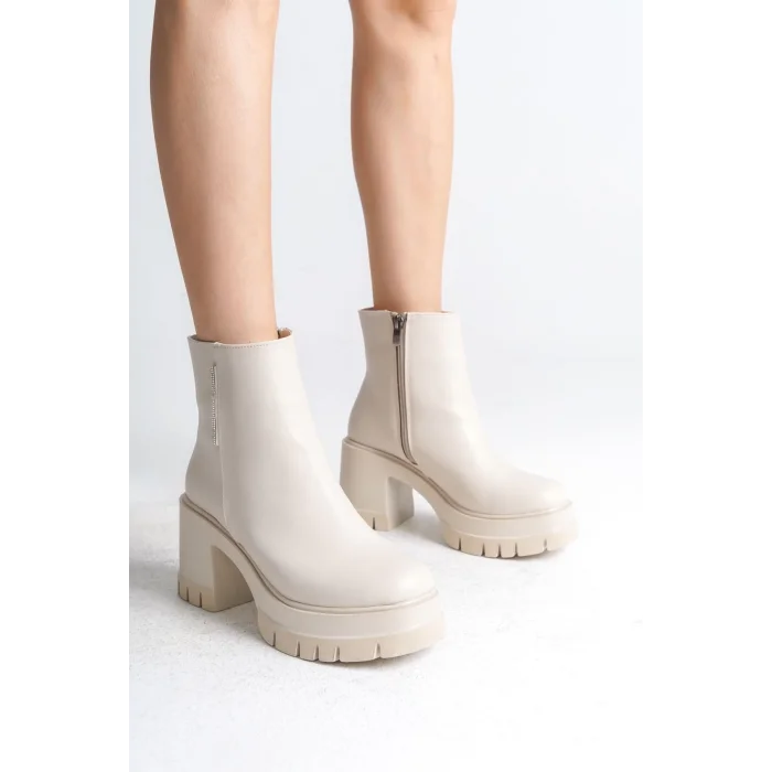 LISSE Fermuarlı Ortopedik Taban Kalın Topuklu Kadın Bot KT - Krem